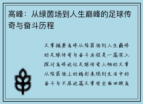 高峰：从绿茵场到人生巅峰的足球传奇与奋斗历程