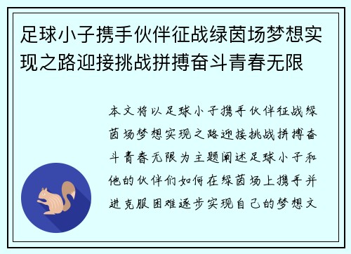 足球小子携手伙伴征战绿茵场梦想实现之路迎接挑战拼搏奋斗青春无限