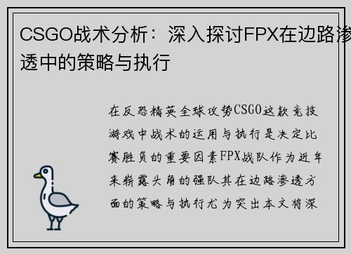 CSGO战术分析：深入探讨FPX在边路渗透中的策略与执行
